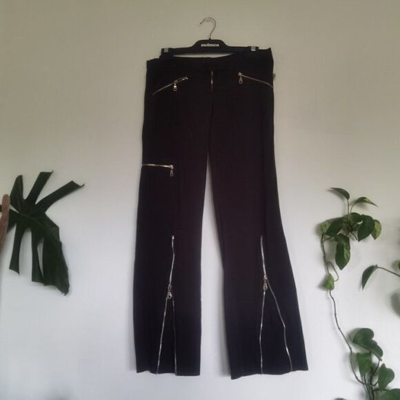 Y2k 90s Zippered Wide Leg Low Rise Flared Pants Black Grunge 31x32 - Picture 1 of 7